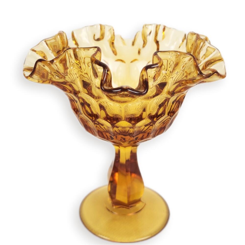 Fenton Amber Thumbprint Compote Ruffled Edge Pedestal Dish